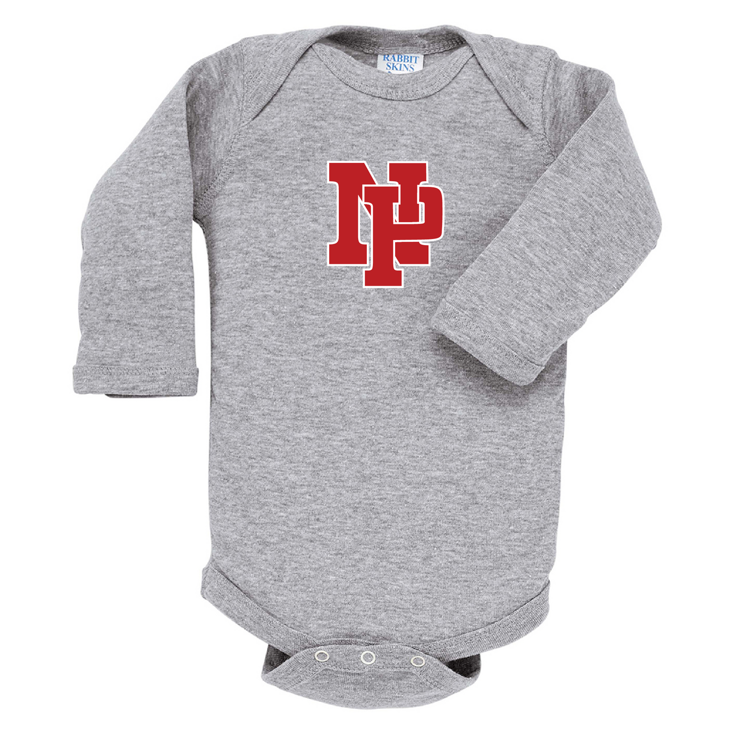 Infant Long-Sleeve Onsie - Red NP Logo, White Outline