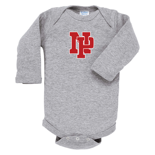 Infant Long-Sleeve Onsie - Red NP Logo, White Outline