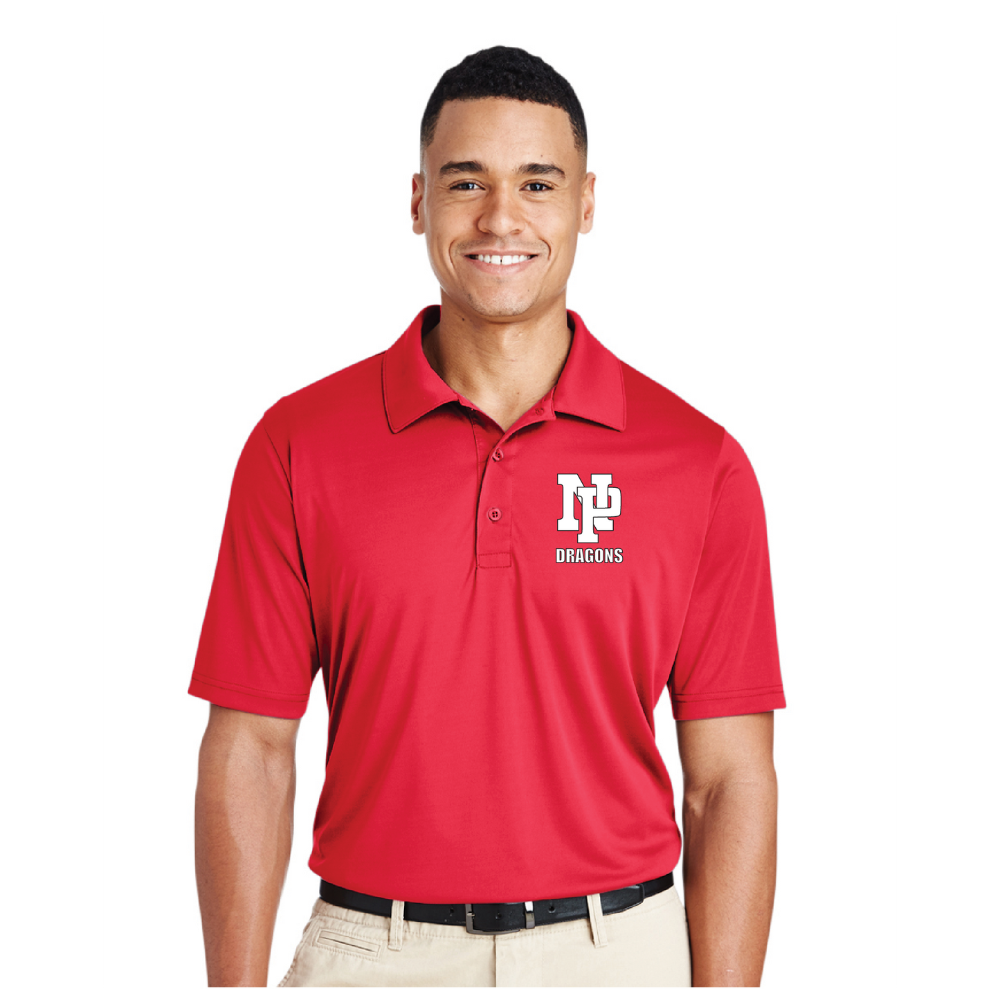 Mens Performance Polo - White NP Dragons, Stacked