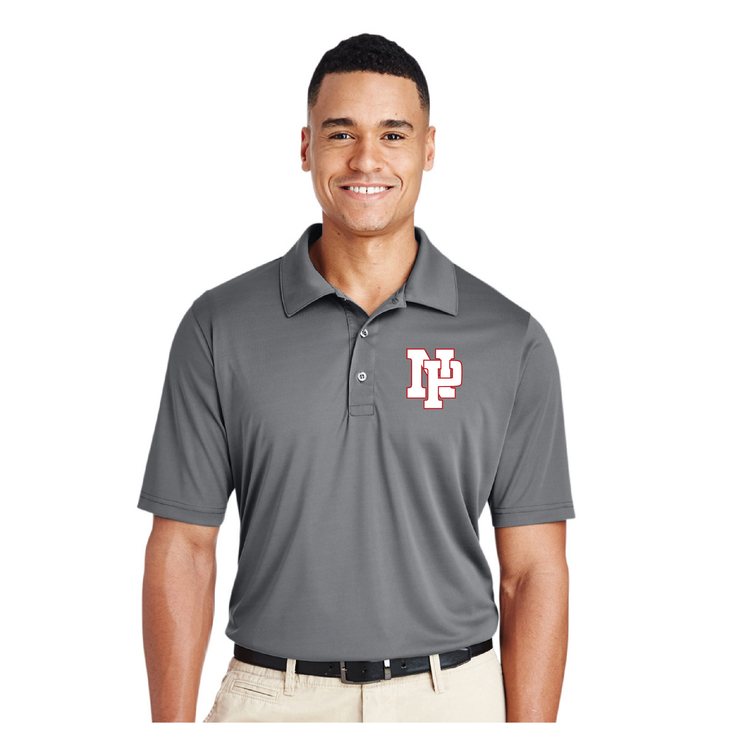 Mens Performance Polo - White NP Logo, Red Outline