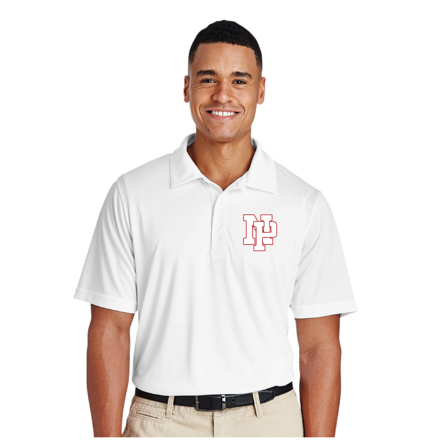 Mens Performance Polo - White NP Logo, Red Outline