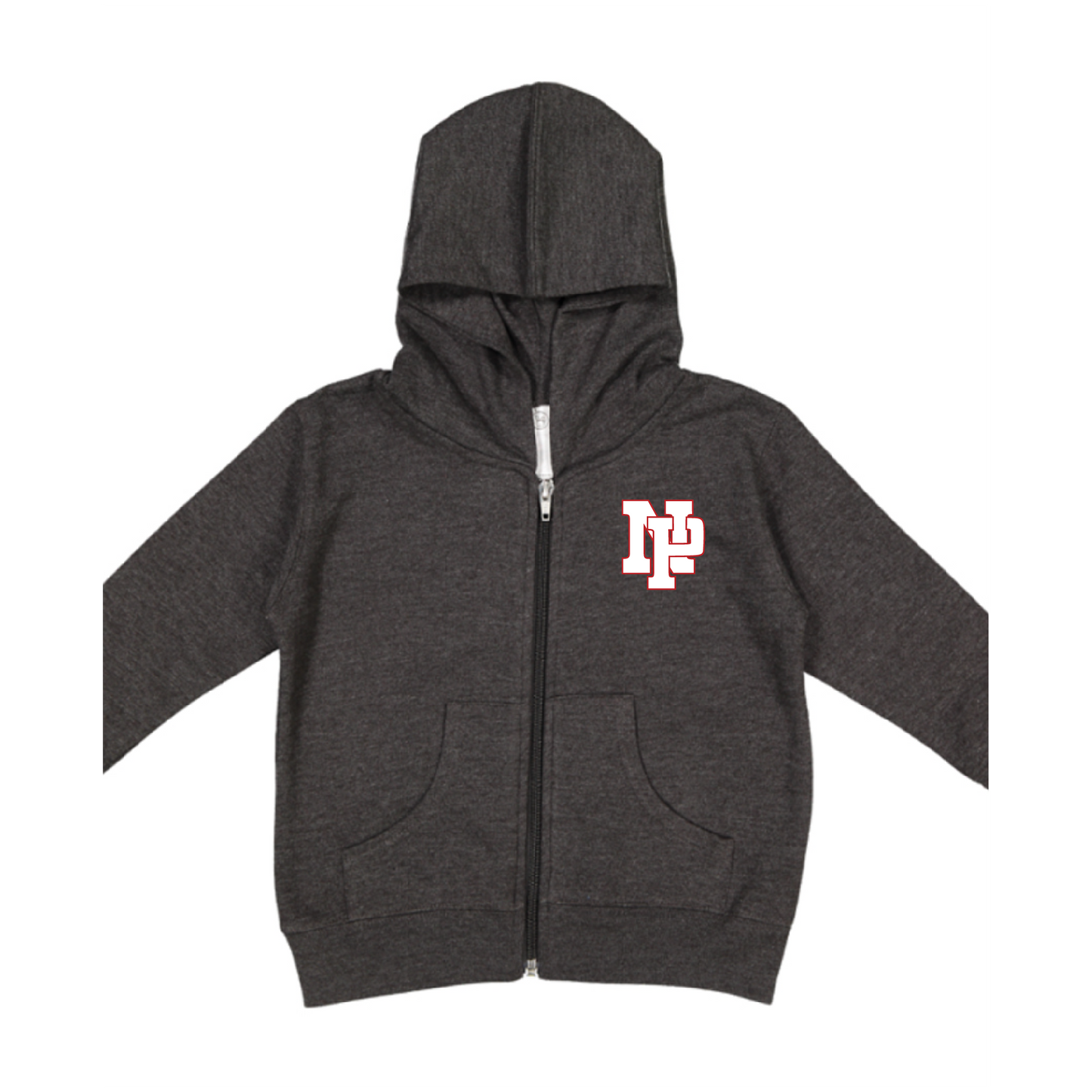 Toddler Fleece Hooded Zip-up - White NP Logo, Red Outline