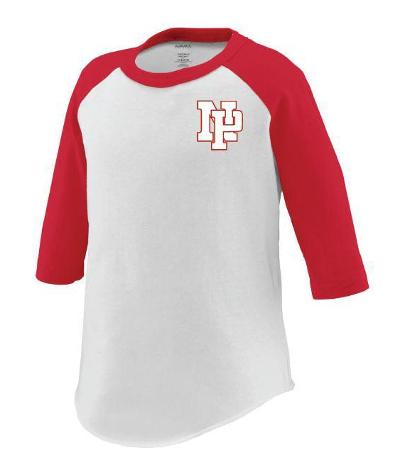 Toddler 3/4 Sleeve Baseball Tee - White NP Logo, Red Outline