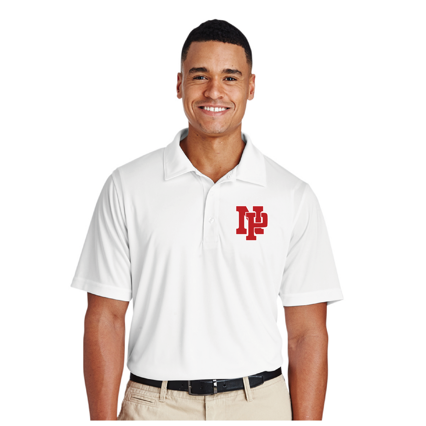 Mens Performance Polo - Red NP Logo, White Outline
