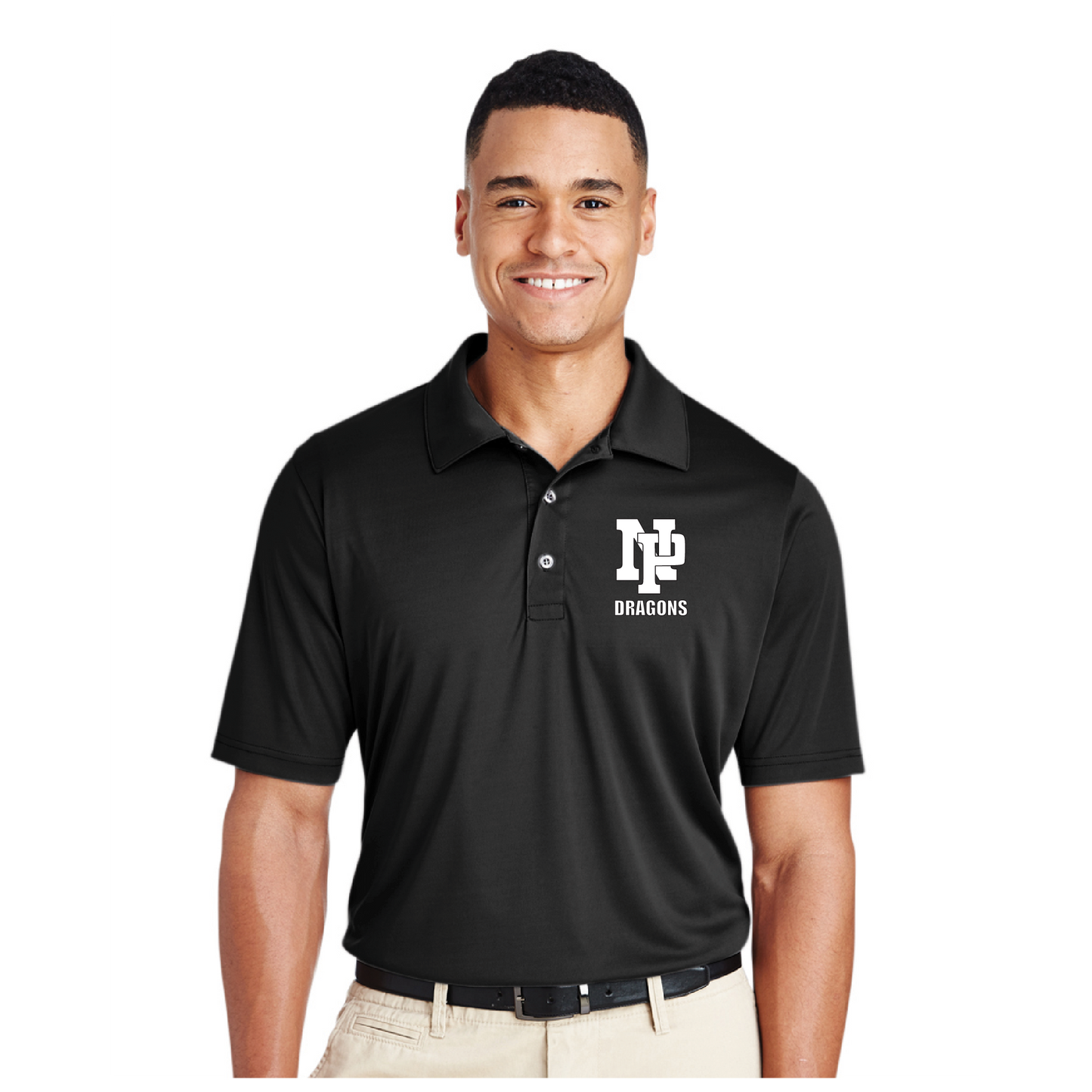 Mens Performance Polo - White NP Dragons, Stacked